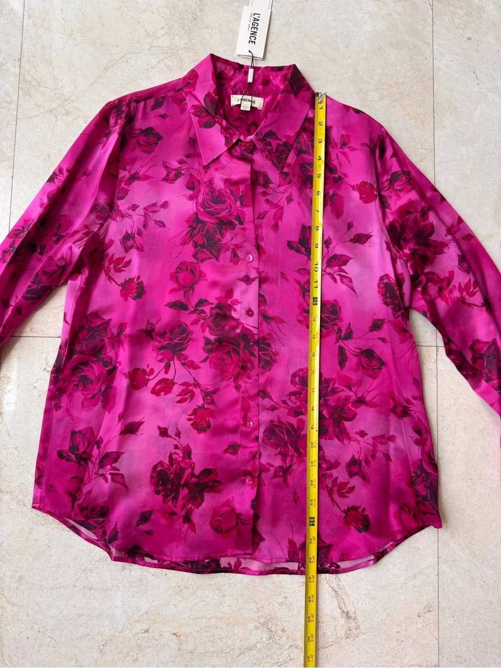 L’Agence Tyler Silk Floral Split-Neck Button Front Blouse - Fuchsia Pink size M - Picture 8 of 10